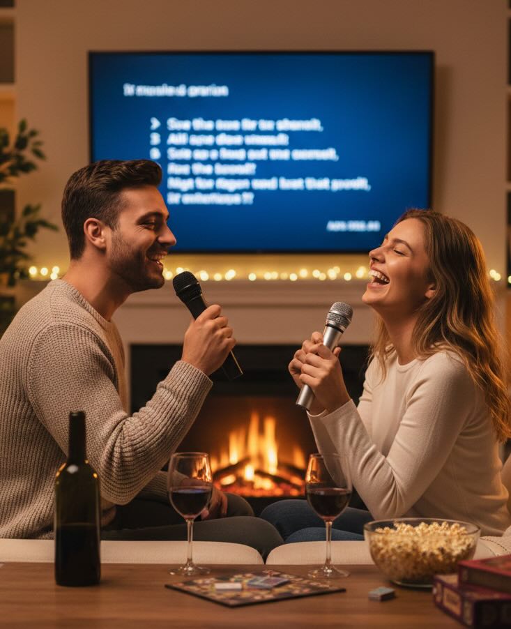 Couple sharing a microphone and singing a duet on date night