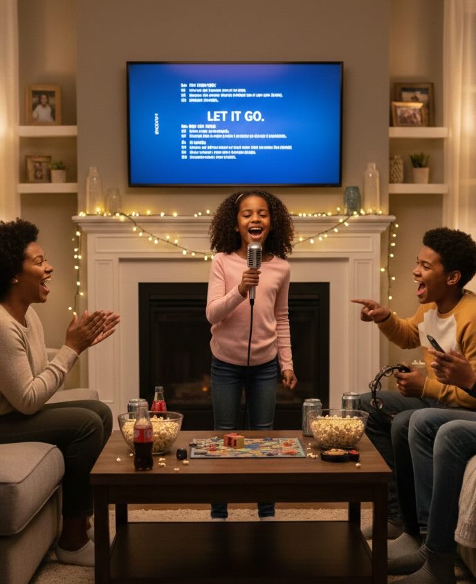 Family laughing and singing karaoke together at home