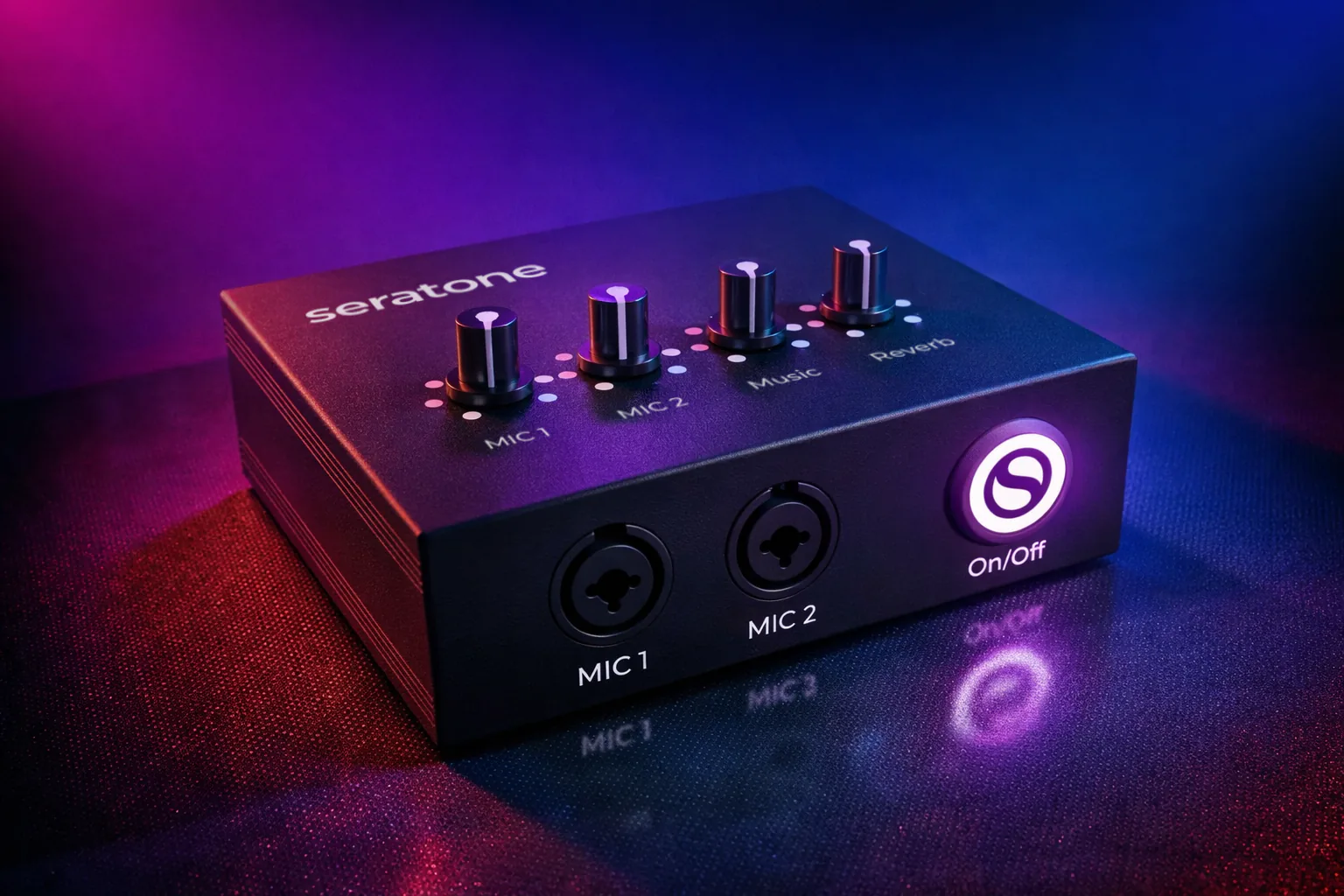 Seratone Karaoke on a textured surface under magenta and blue stage light, front panel and top controls lit