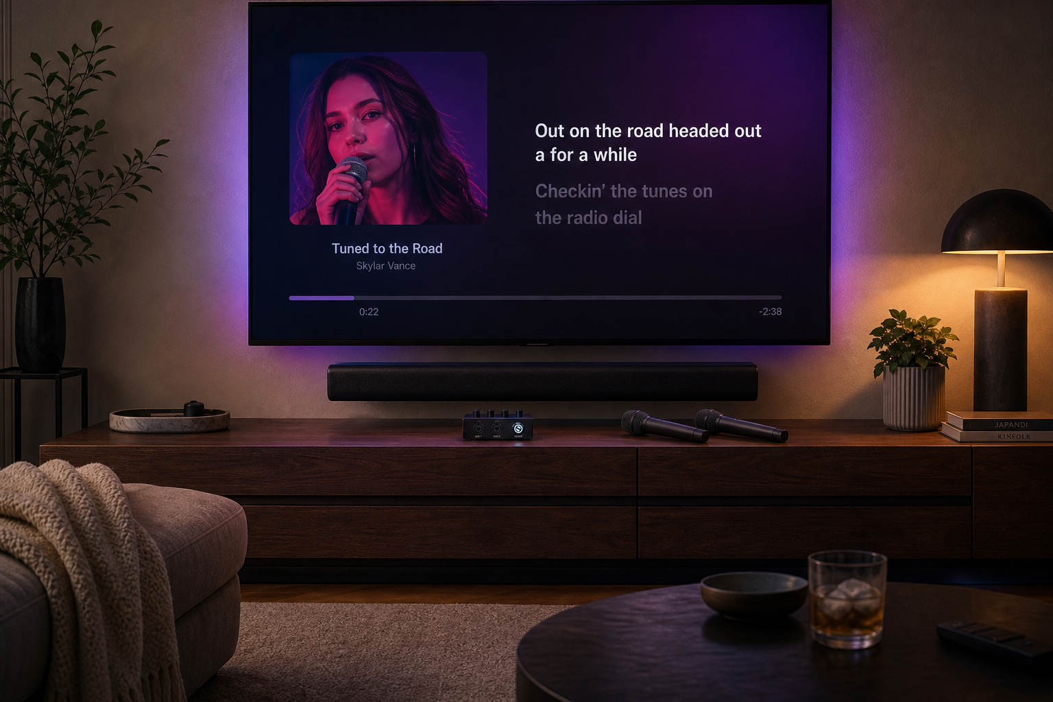Seratone connected to a television, soundbar, and stereo speakers for home karaoke