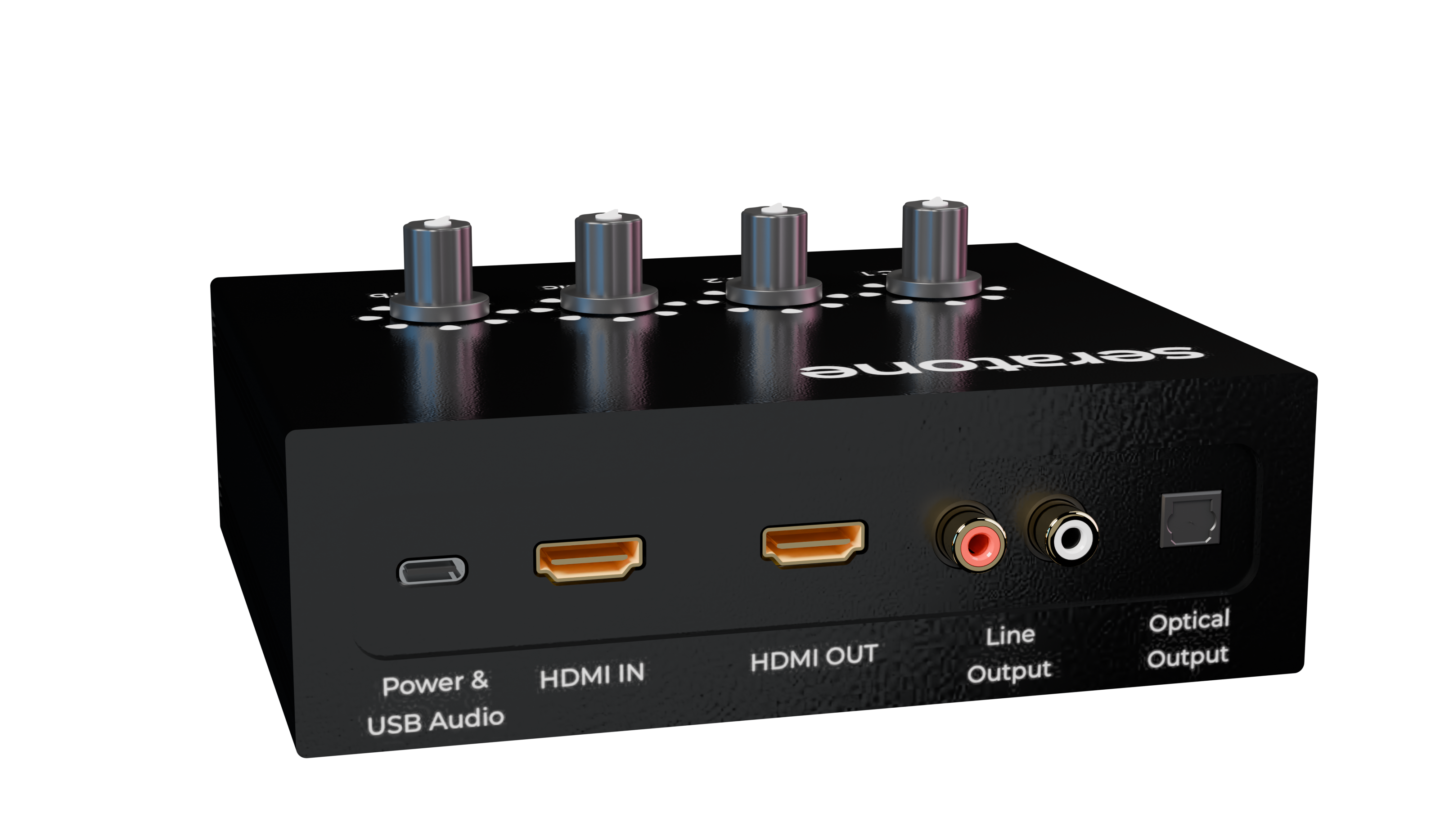 Rear of Seratone with USB-C, HDMI input, HDMI output, stereo RCA, and optical output