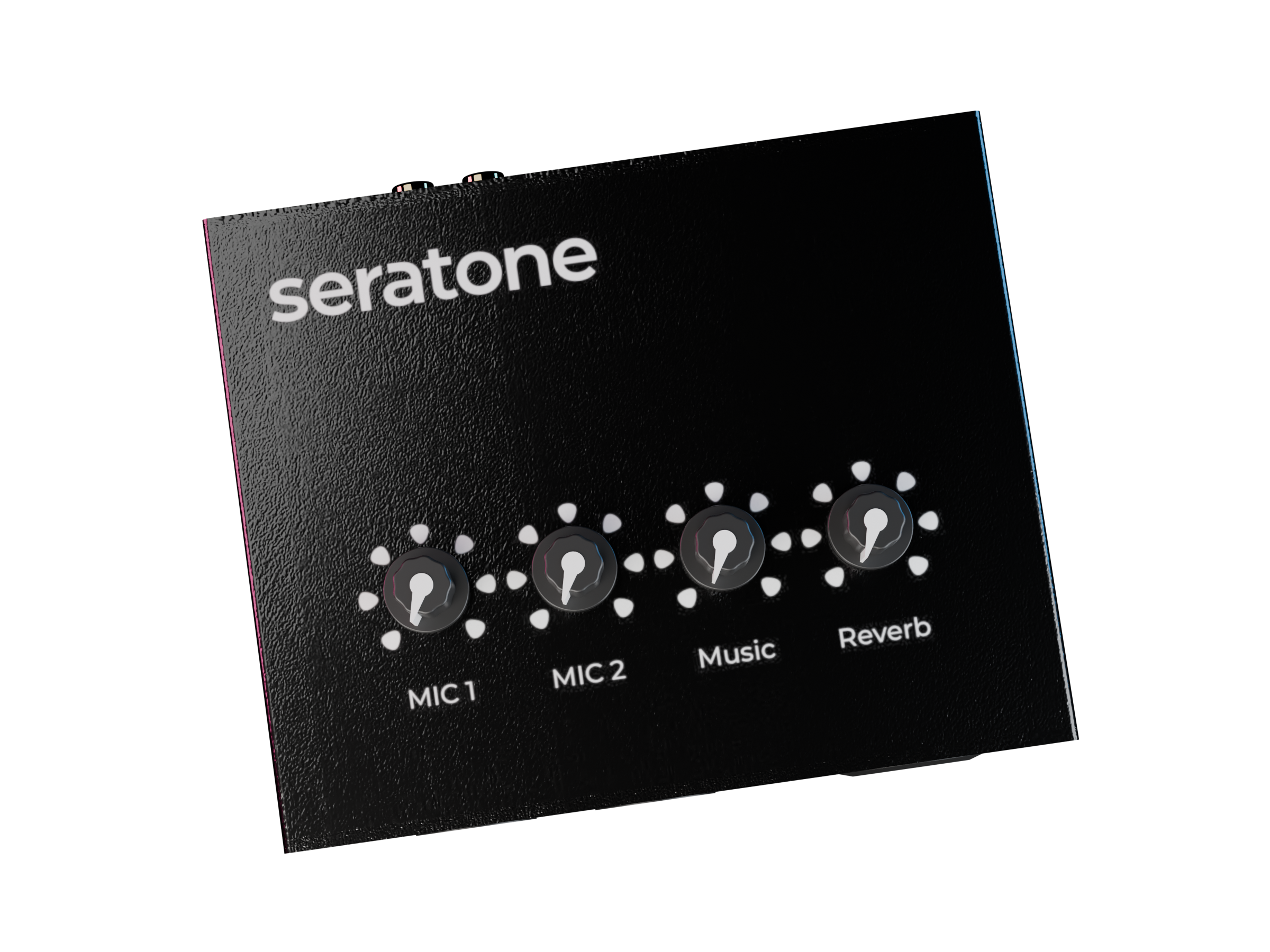 Top view of Seratone with dedicated microphone, music, and reverb controls