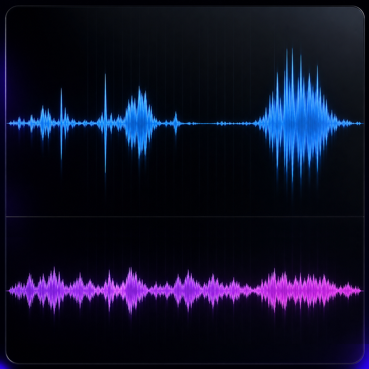 An uncontrolled blue vocal waveform with sudden peaks compared with a balanced magenta waveform processed by Seratone