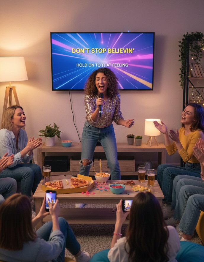 house party with friends singing into microphones