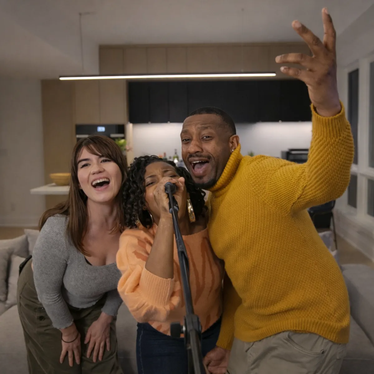 Three friends crowded around one microphone stand, singing together