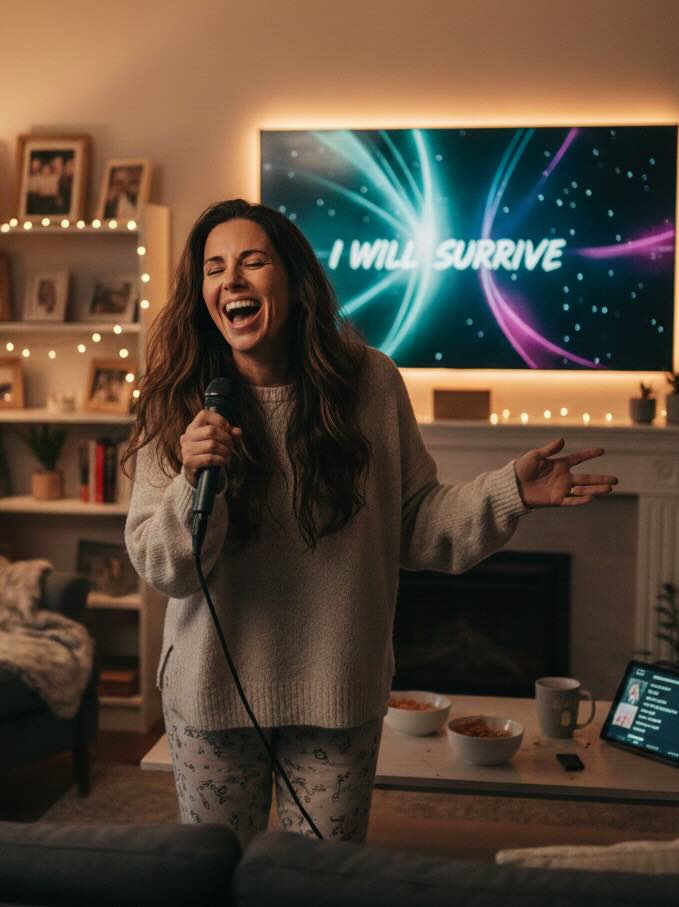 Woman passionately singing solo karaoke with microphone